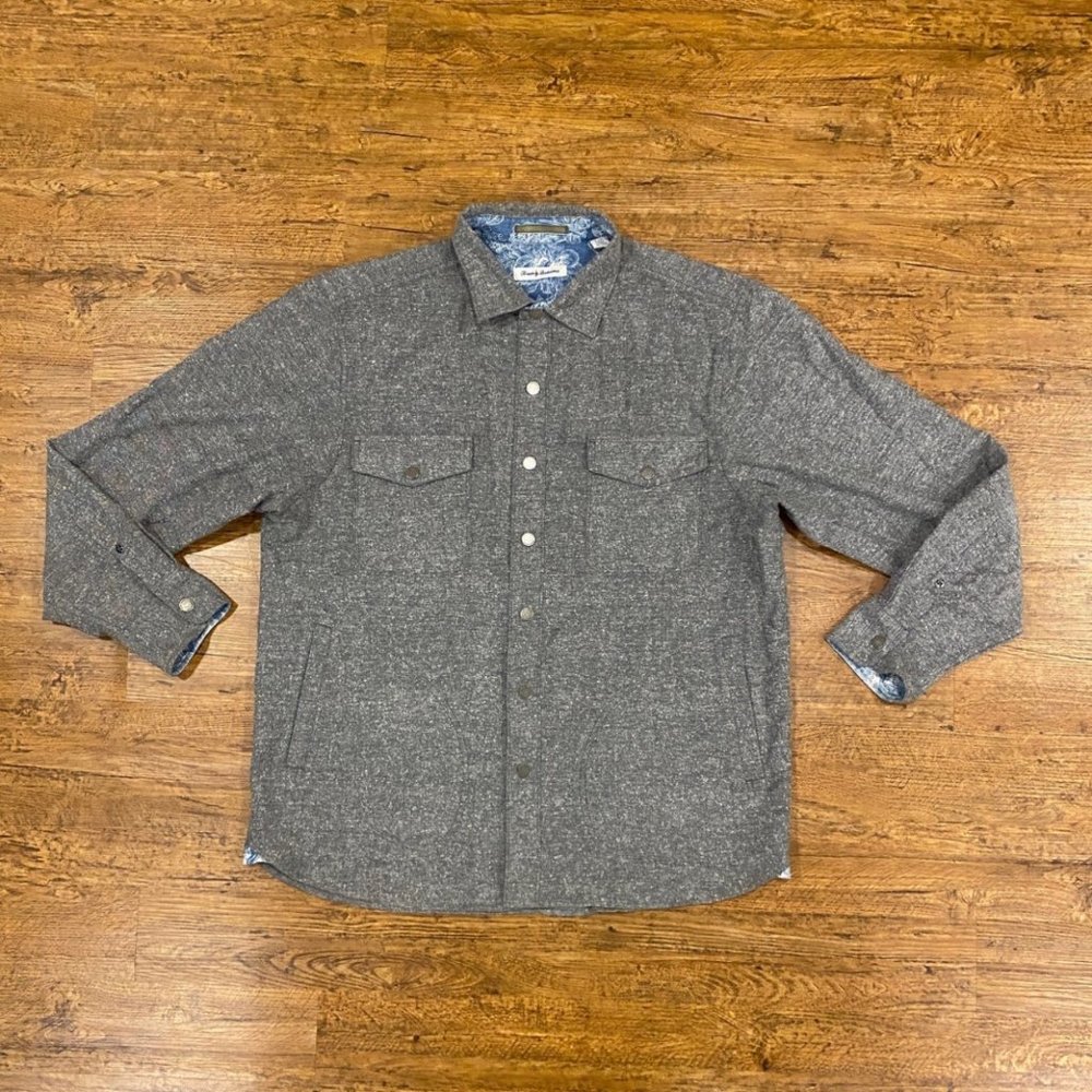 Tommy Bahama Gray Multi-Pocket Metal Snap Button Flannel Shirt Flip Cuff  Mens L